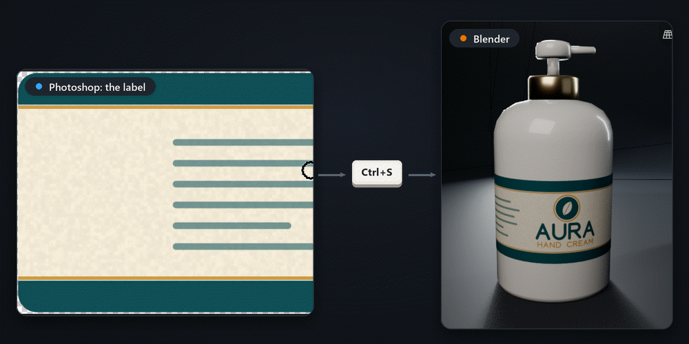 A new colourway for the label in Photoshop, Ctrl+S, and the bottle in Blender shows it