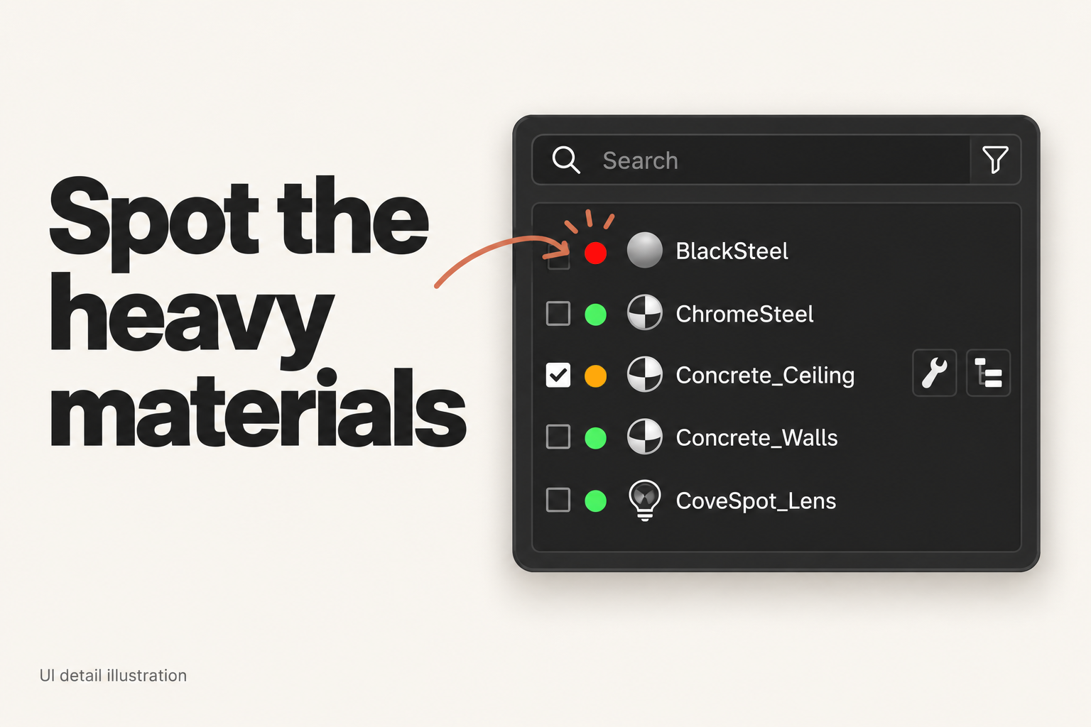 Spot the heavy materials — traffic-light indicators give a quick estimated impact overview.