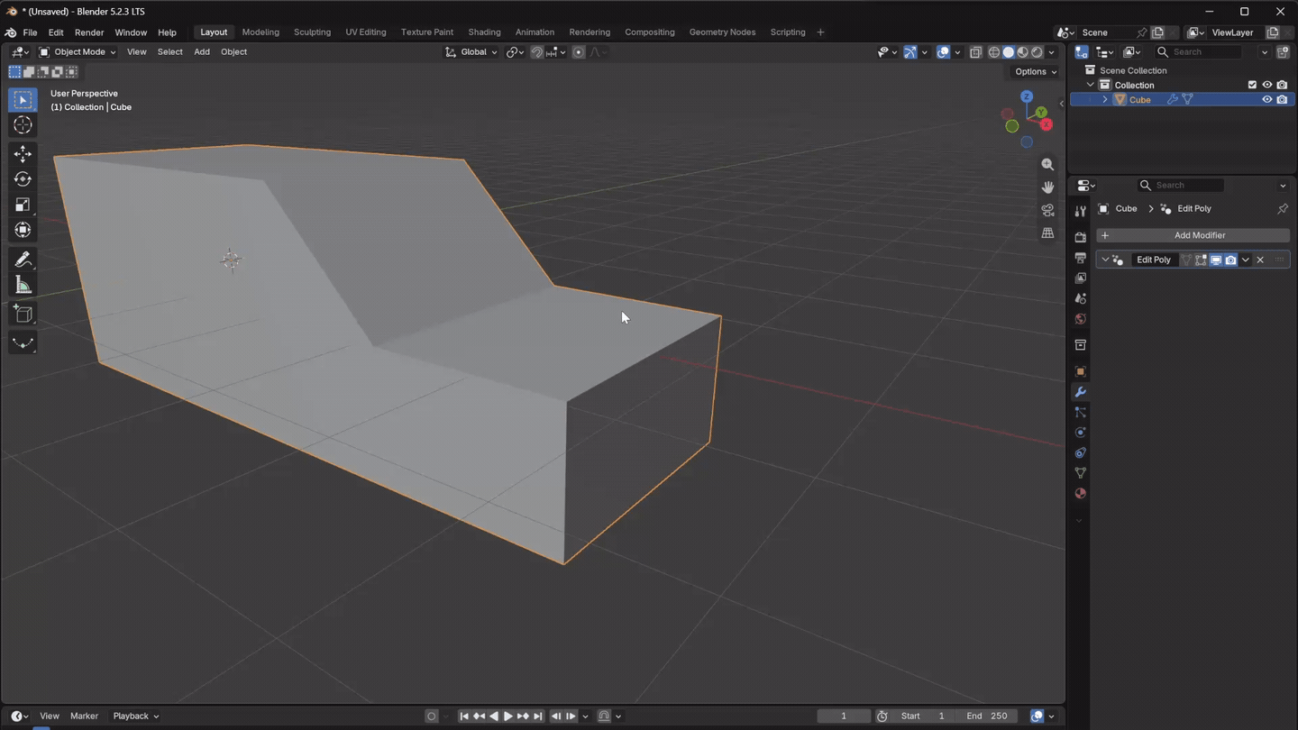 Edit Poly Modifier for Blender: Adjust Bevel width and segments after adding further Edit Poly modeling changes.