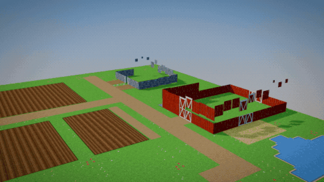 Barn walls and pitched roofs being built from tiles