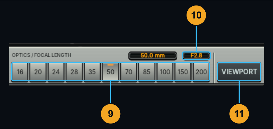 Lens, aperture and viewport controls — callouts 9 to 11