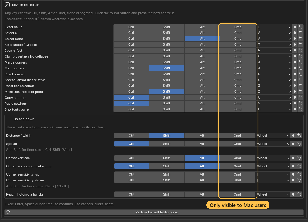 The shortcut preferences; the Cmd column only appears on a Mac