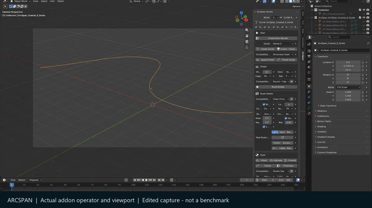 Actual ArcSpan operator building bridge geometry in the application viewport