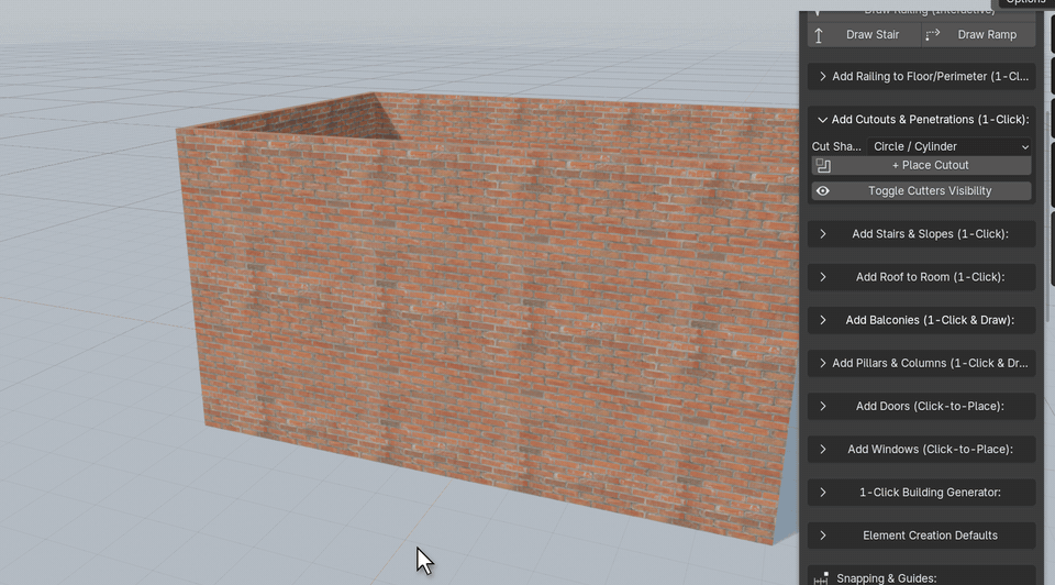 ArchBuilder circle, triangle and rectangle cutouts in a brick wall