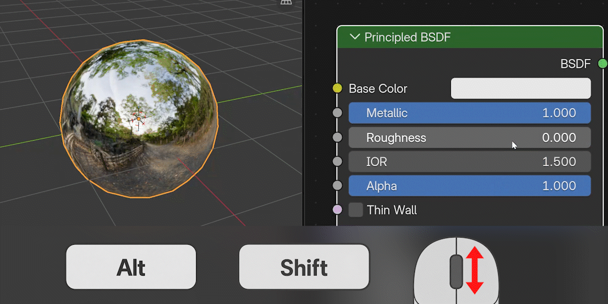 Switching between saved Principled BSDF Roughness values with Shift + Alt and the mouse wheel