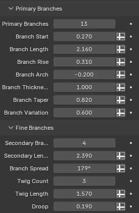 Primary Branches & Fine Branches settings in the Anime Tree Geometry Nodes modifier