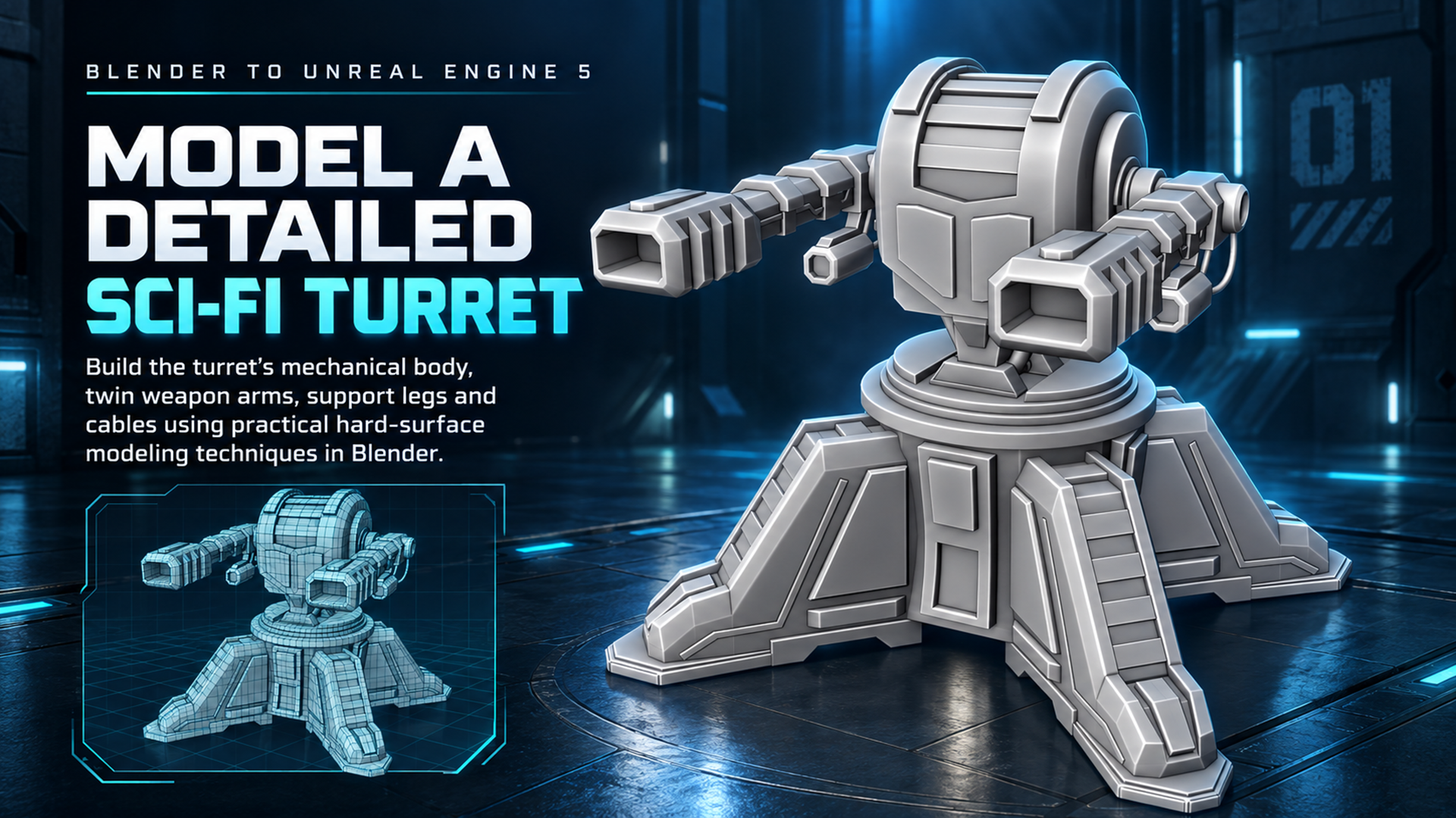 Blender turret modeling and wireframe breakdown