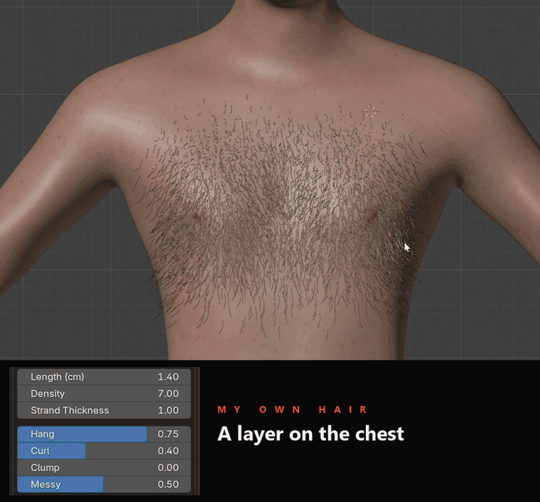 Easy Characters: the chest hair layer: erased and grown with the brush, then changed with its sliders