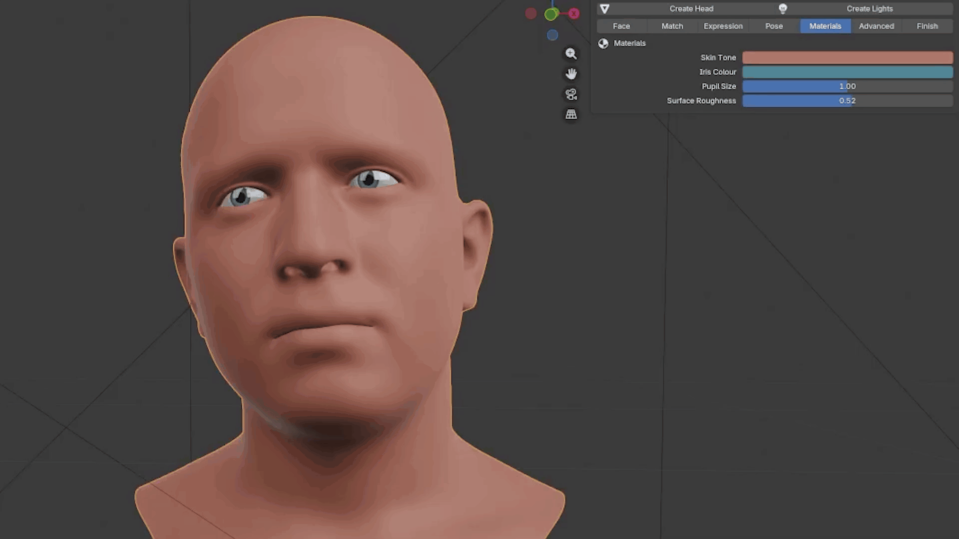 Customizing skin and eye materials for a generated head