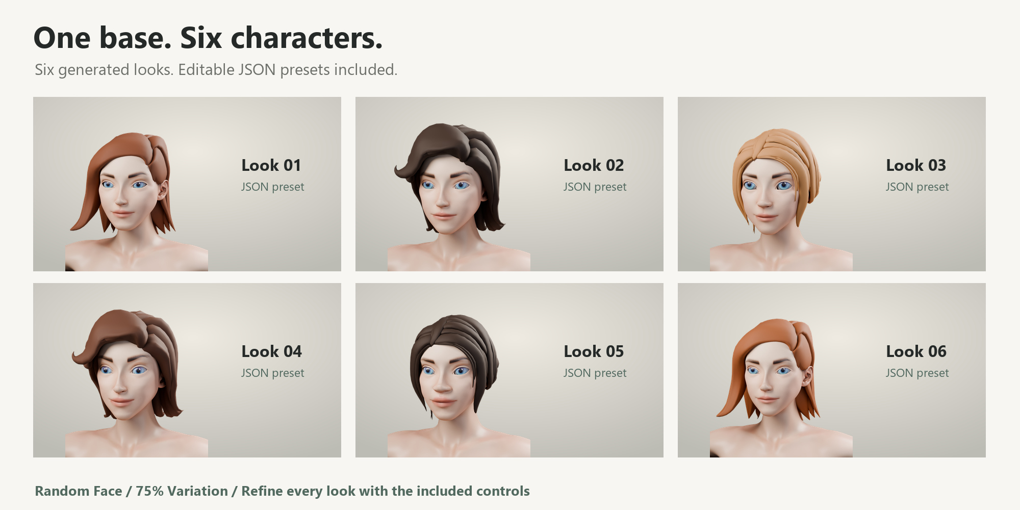 Six distinct generated faces with selected hairstyles and colors