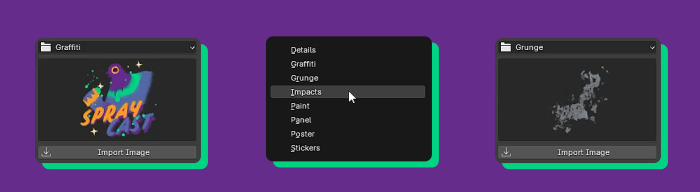 Spraycast asset manager for Blender - sort graffiti, sticker and decal assets into categories, 80+ built-in