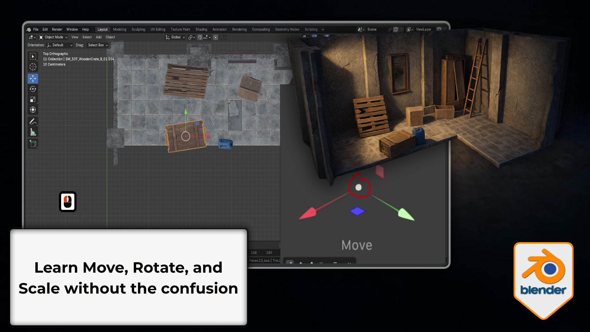 Blender transform and gizmo basics course by 3D Tudor showing Move Rotate Scale on a 3D scene