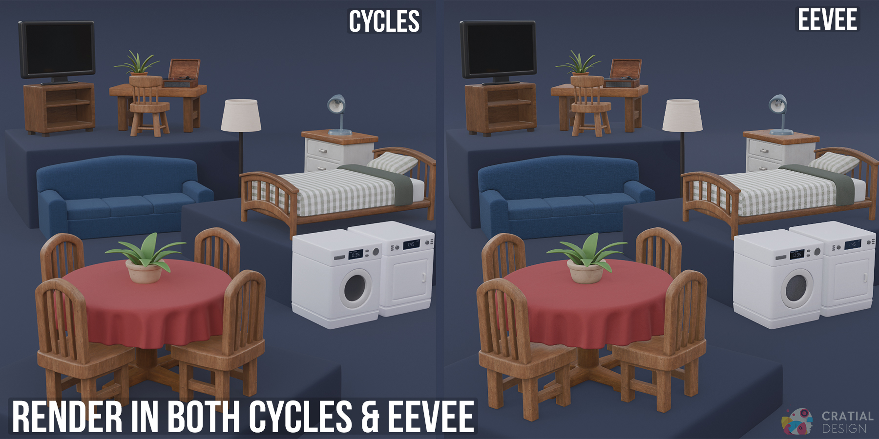 Stylized furniture collection rendered in both Cycles and EEVEE