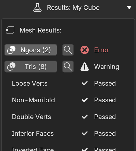 Per-object results broken down by category with pass, warning, and error counts