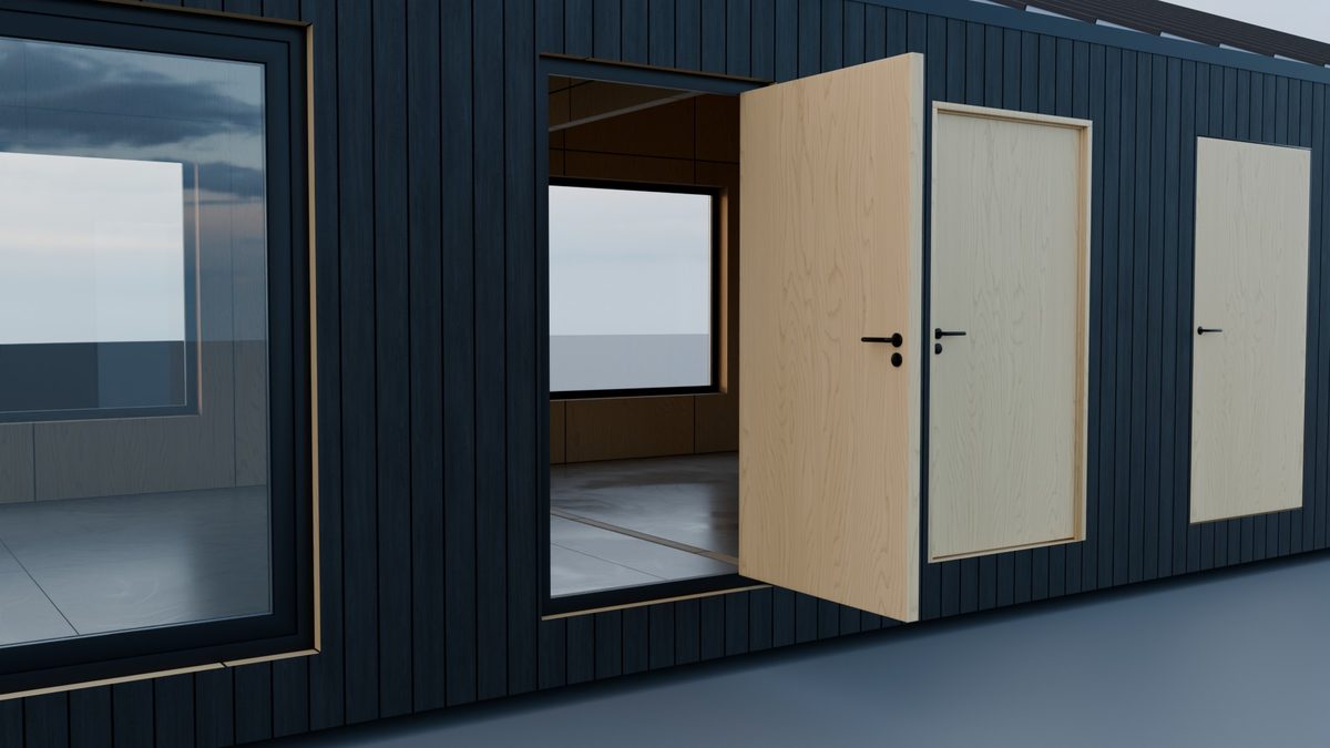The entrance door standing open on its hinges