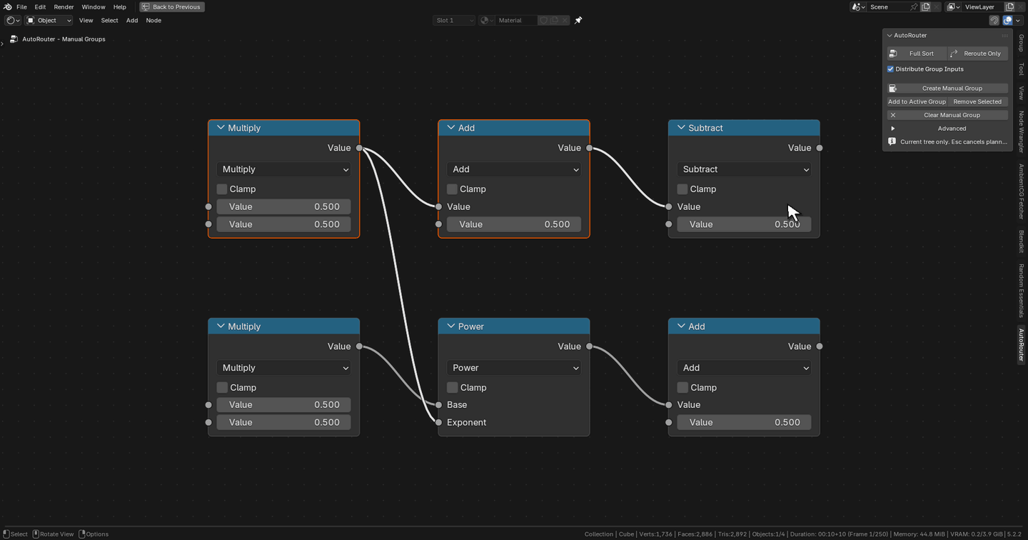 Recorded manual group tutorial: selected Blender nodes are placed inside a new manual frame.