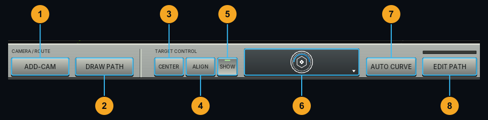 Camera and target controls, current console — callouts 1 to 8