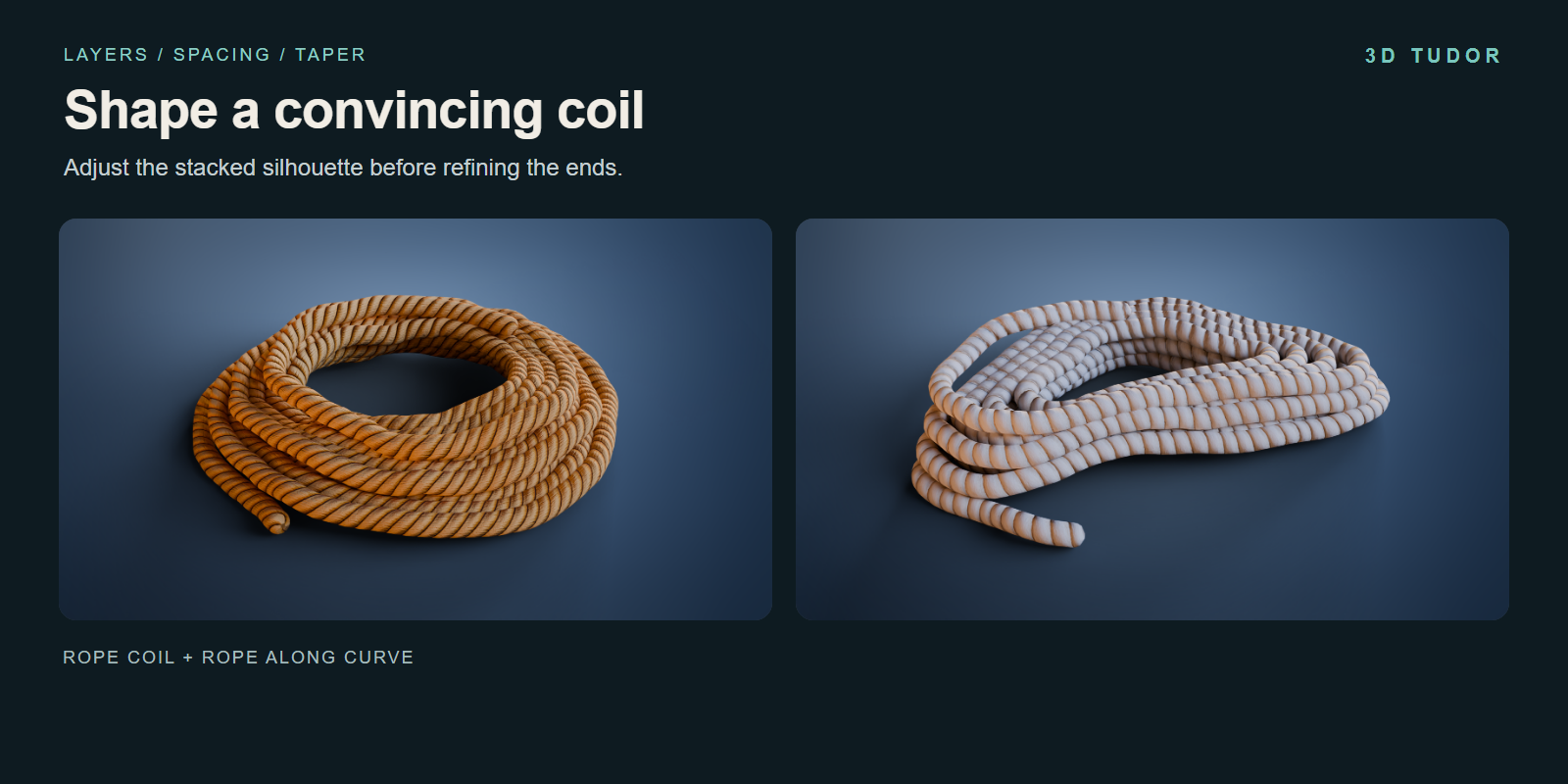 Round golden rope coil and low pale striped coil with loose ends, shown side by side.