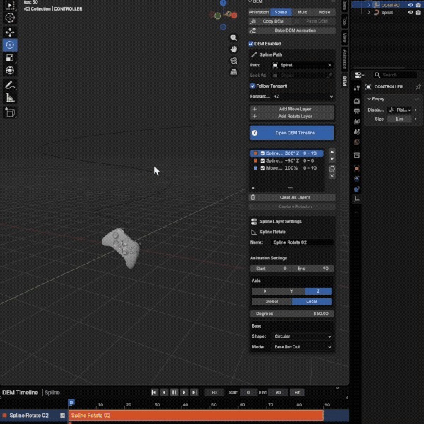 DEM spline animation for objects, cameras and lights