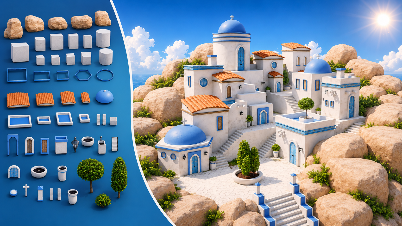 Modular Greek island asset kit and the final stylized village render in Unreal Engine 5