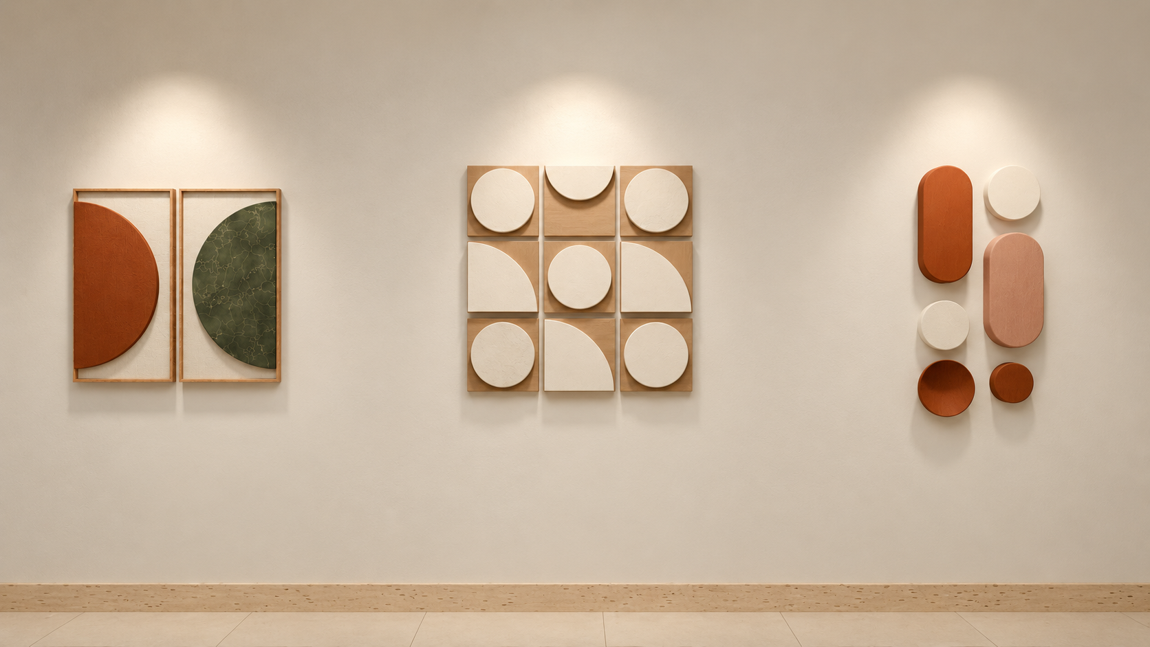 Warm geometric wall art, a nine-panel composition and clay-colored forms