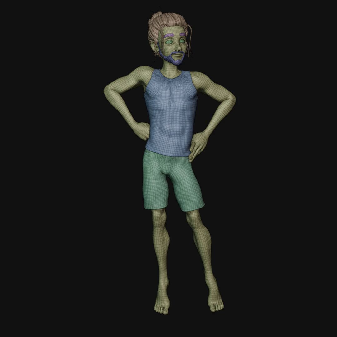 Bernardo SFW stylized male Blender character with clean wireframe topology