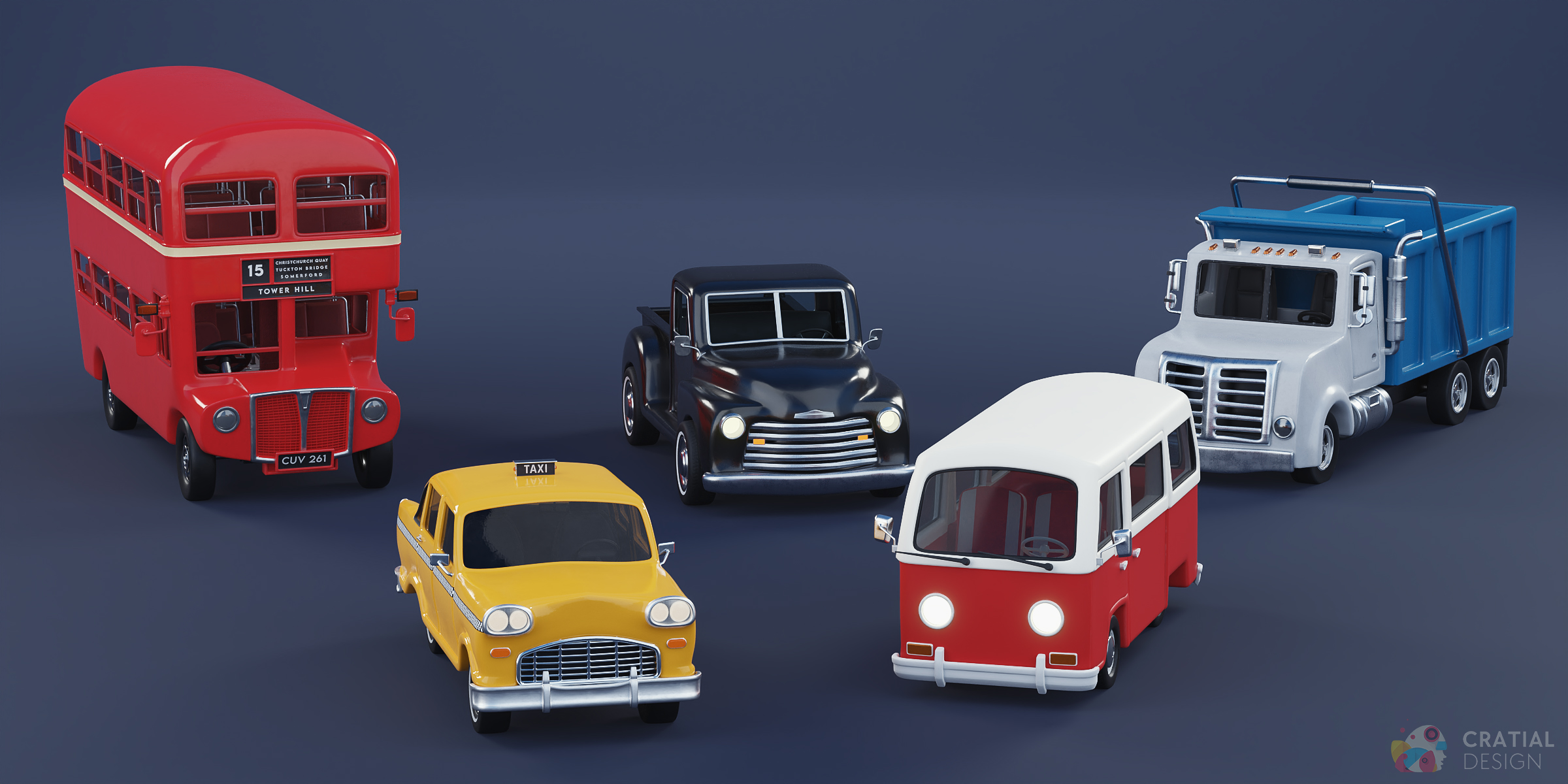 Stylized taxi, double-decker bus, camper van, dump truck, and classic truck collection