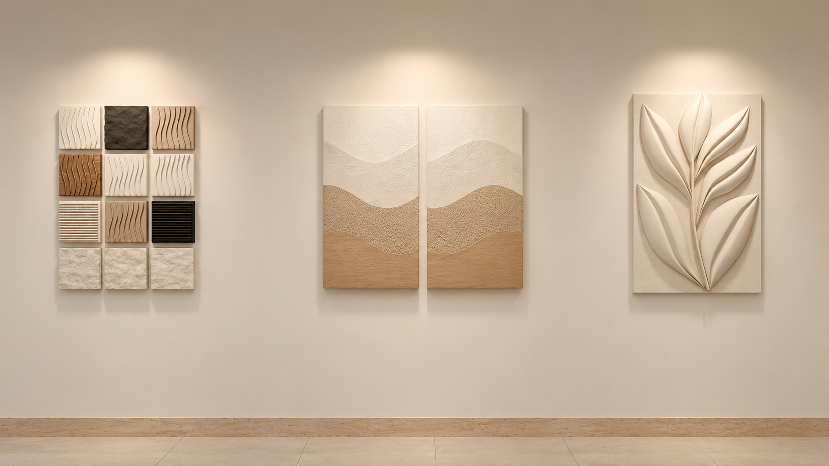 Textured wall panels, a layered diptych and a sculptural botanical relief