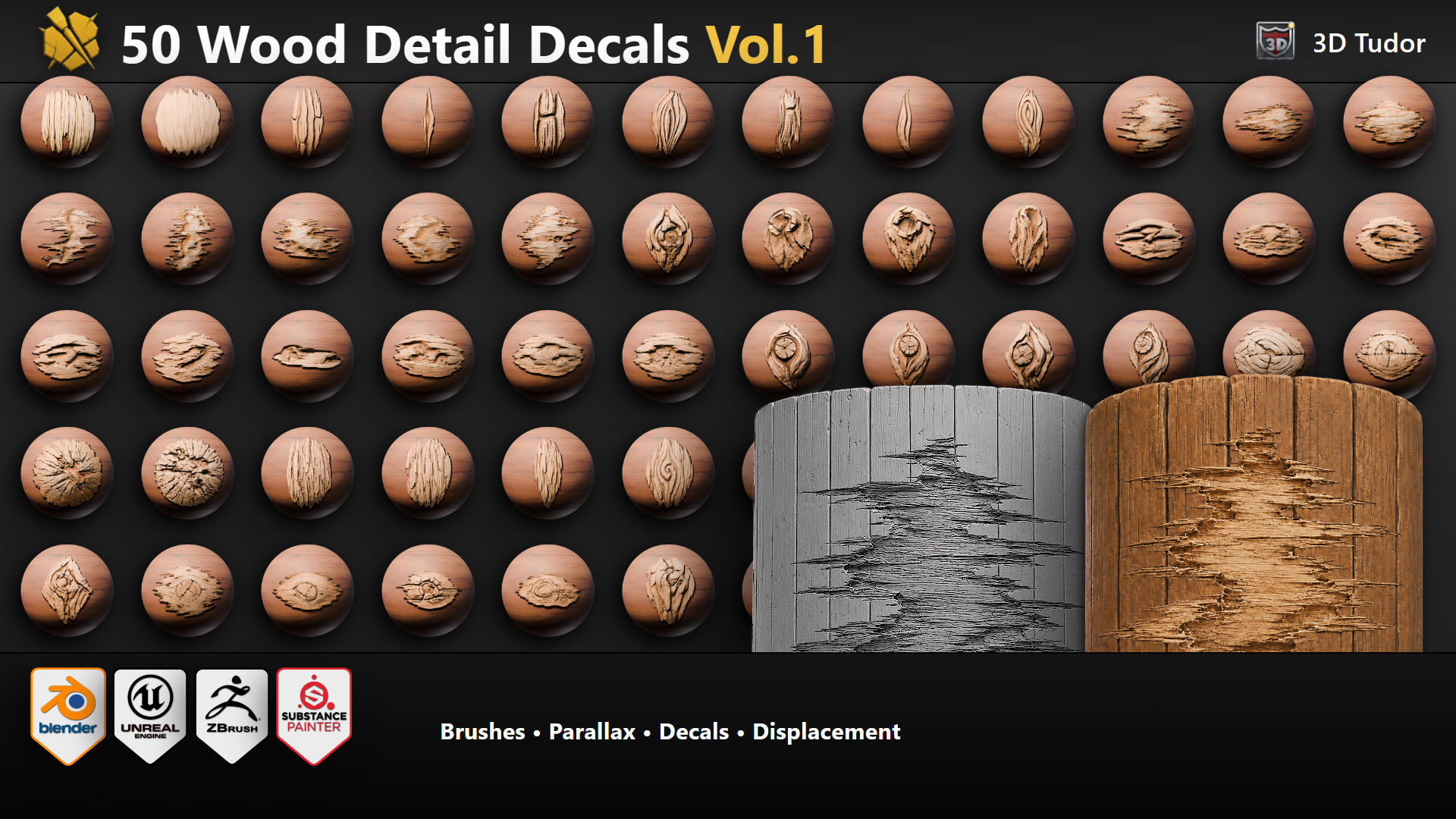WoodDetail Decal Pack Vol.1 showing 50 wood designs across four software lanes