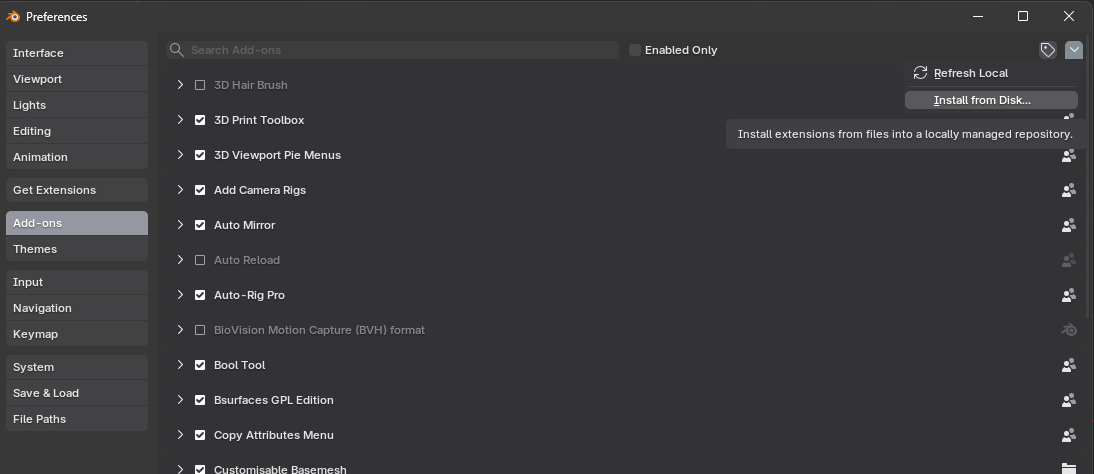 Install from Disk in Blender