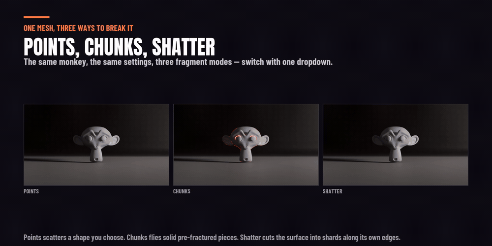 Break It Any Way: three fragment modes, Points, Chunks and Shatter