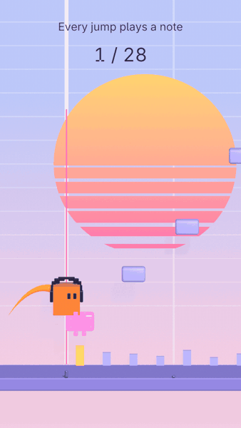 Song Game vertical music video: Bit jumps on the notes of the song, played notes light up with sparks, a live counter shows 20 of 28 notes