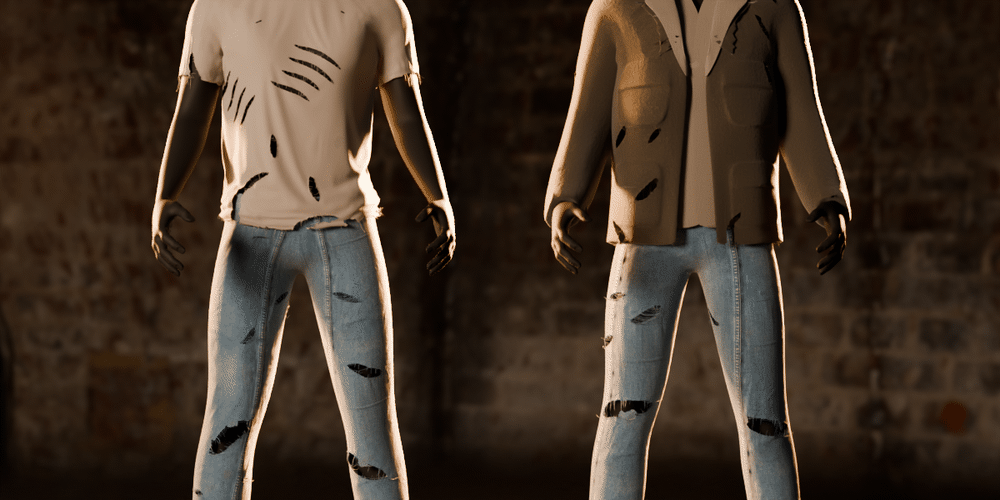 Two mannequins, in a T-shirt and jeans and in a jacket and jeans, tear one garment after another