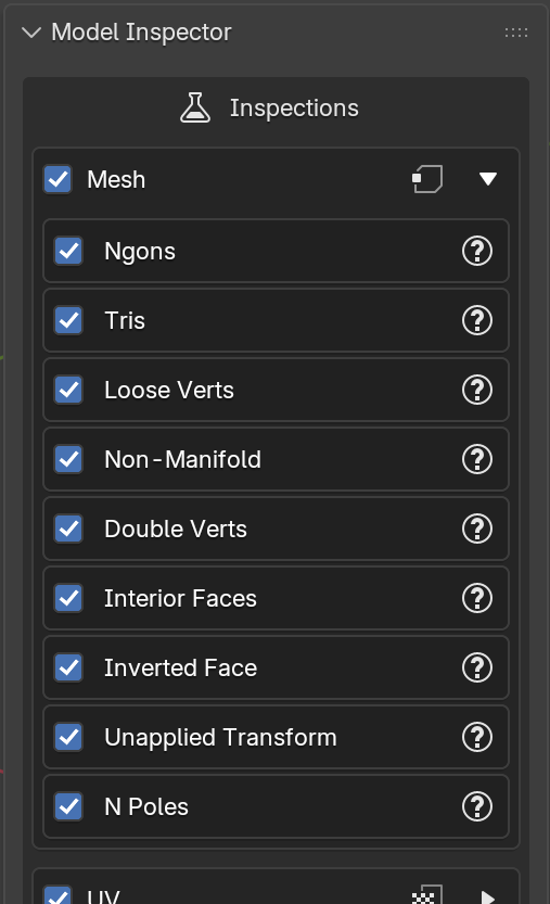 Inspection categories expanded, showing individual per-check toggles