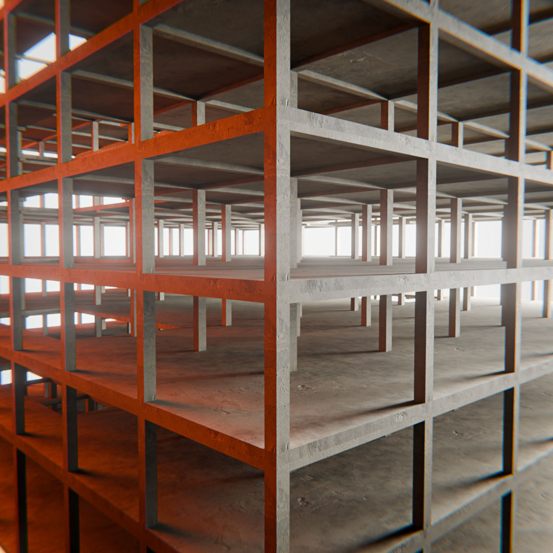 Close-up of Pillars, Beams, Slabs and Steel Frame