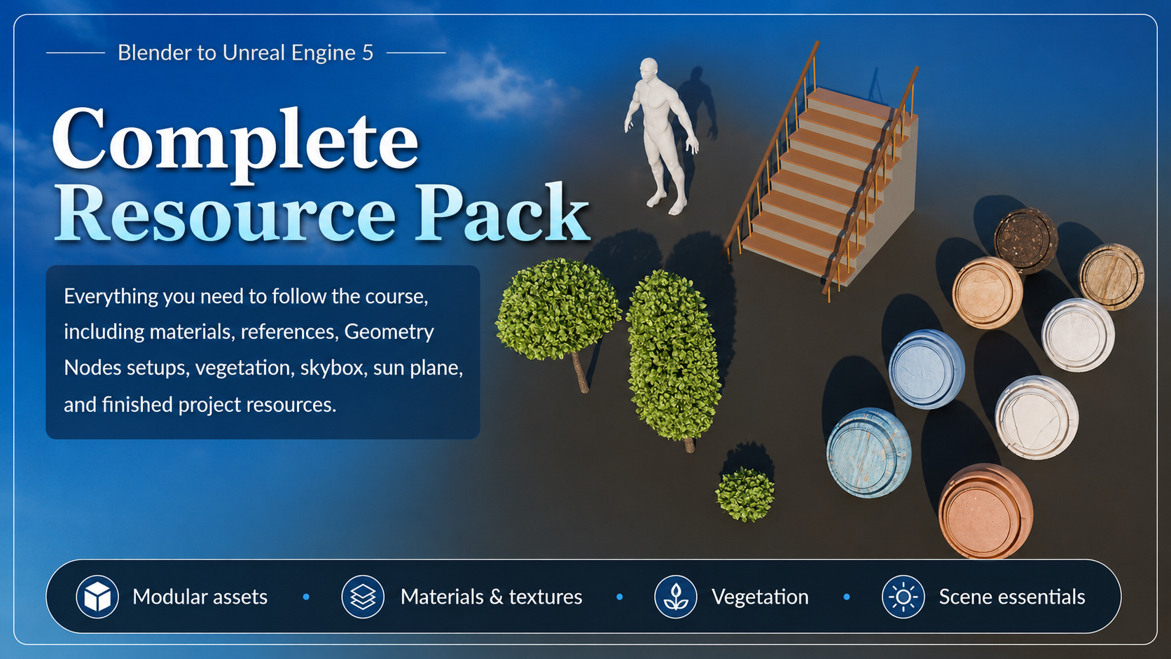 Complete resource pack for the Greek island course with modular assets materials vegetation and scene essentials