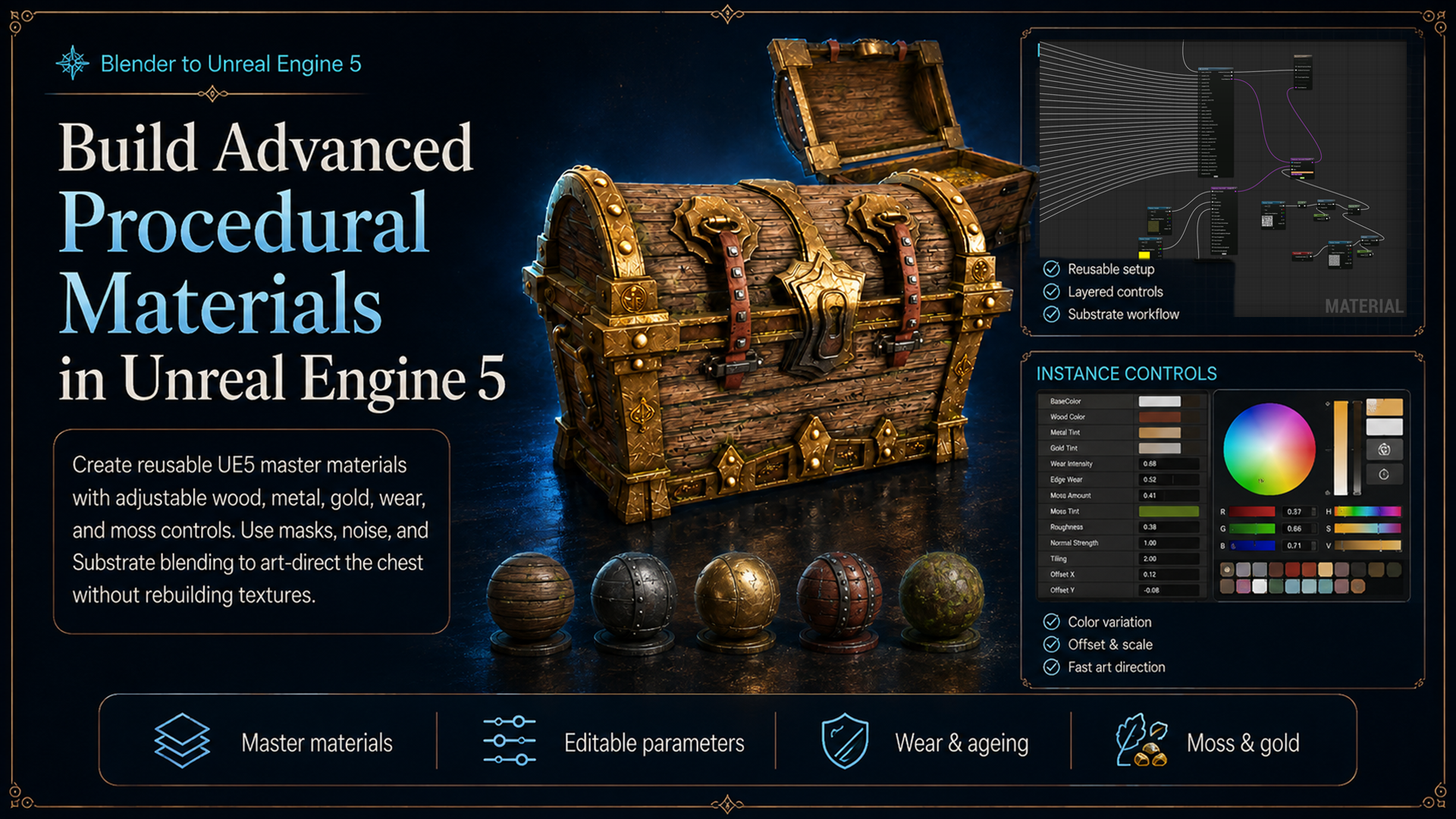 Unreal Engine procedural material graph and material instances for the stylized pirate chest