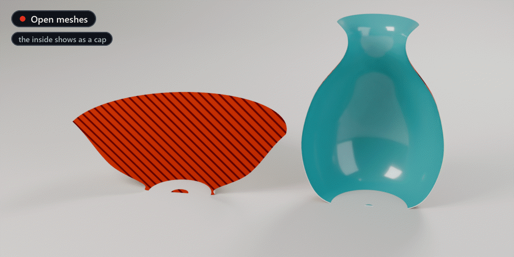 A single-sided bowl and vase: their insides show as red caps; after Fix Open they have thin walls
