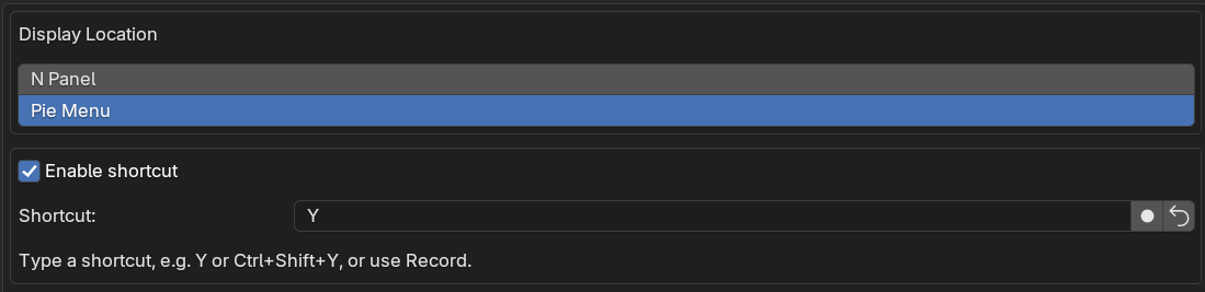Blender Two Point Align add-on preferences: Display Location N Panel or Pie Menu, enable shortcut and customize the hotkey.