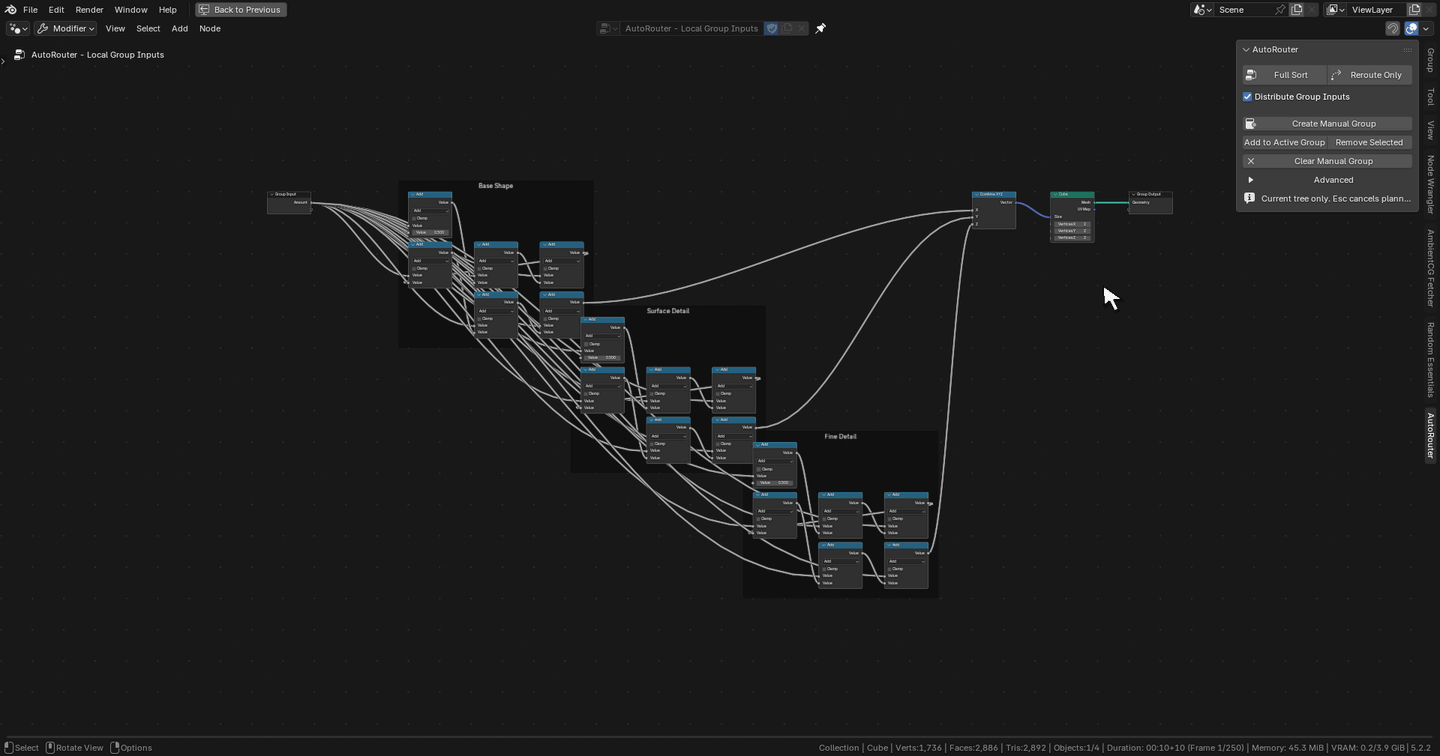 Recorded Full Sort tutorial with Distribute Group Inputs enabled: one Group Input becomes three local copies.