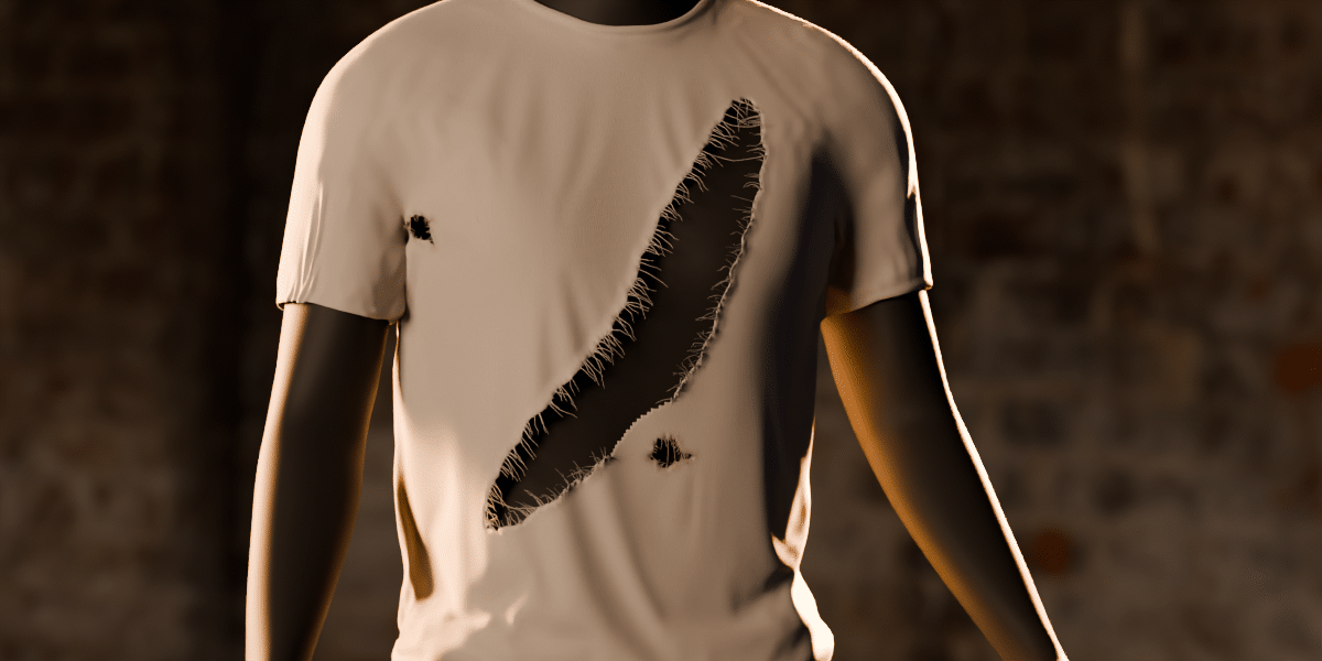 A pen stroke across a white T-shirt; the shirt rips open behind it, then two clicks punch bullet holes