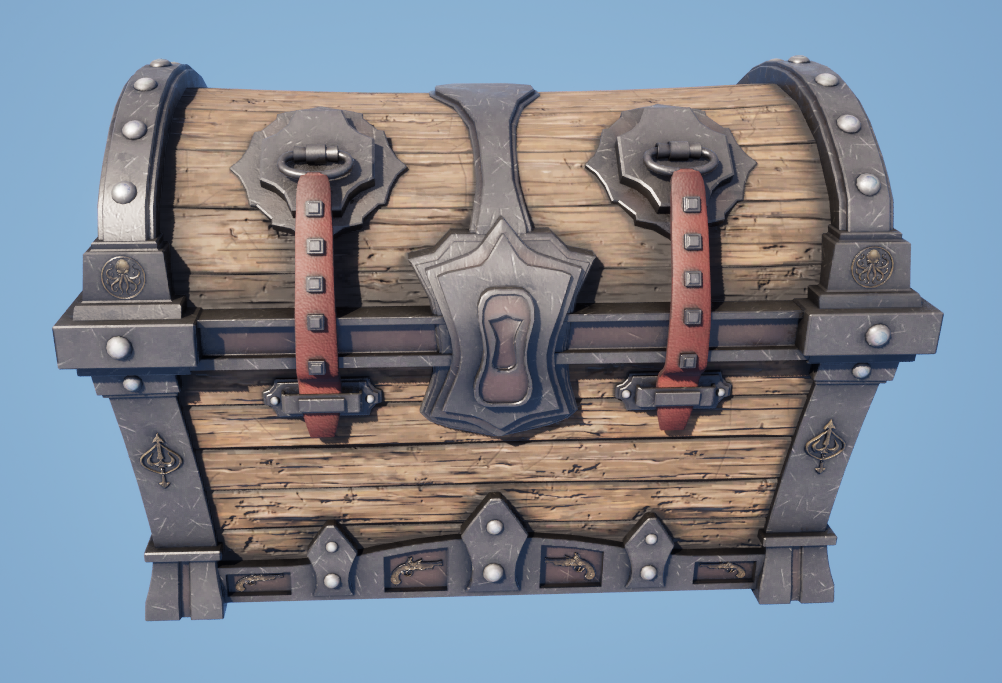 Completed stylized pirate chest rendered in its Unreal Engine presentation scene