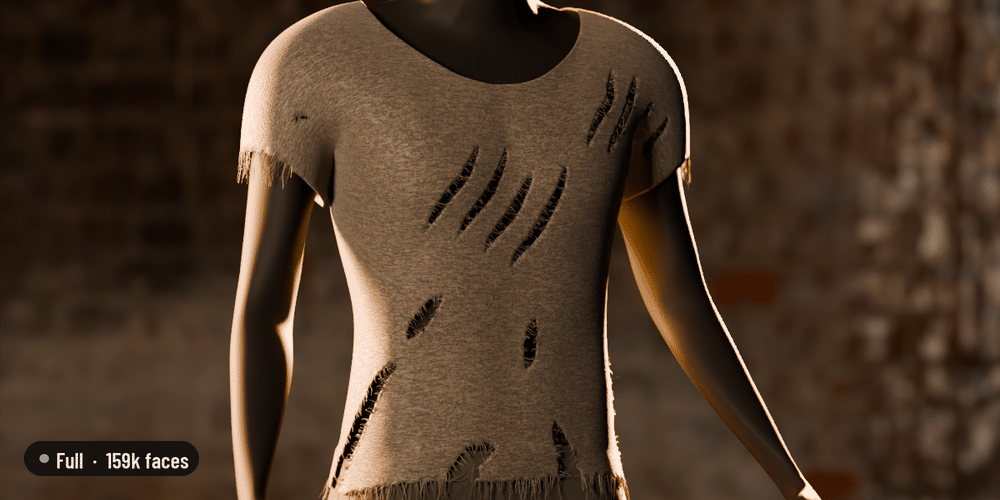 The same torn T-shirt as live Full geometry and as the baked game mesh, same camera and light