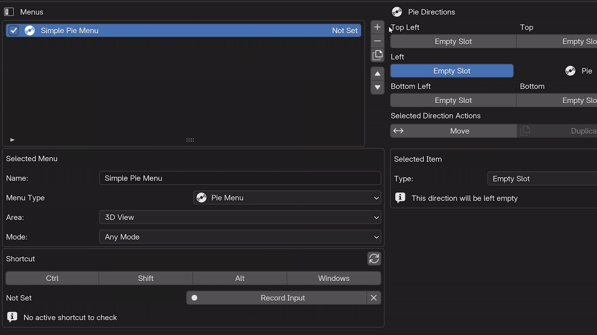 Simple Pie Menu configuration edited through Blender Preferences