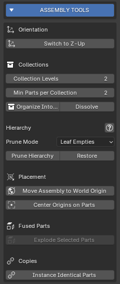 Assembly Tools foldout with Orientation, Collections, Hierarchy, Placement, Fused Parts and Copies