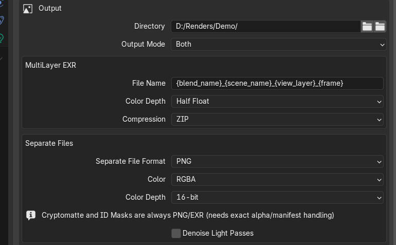 Output with MultiLayer EXR and Separate Files