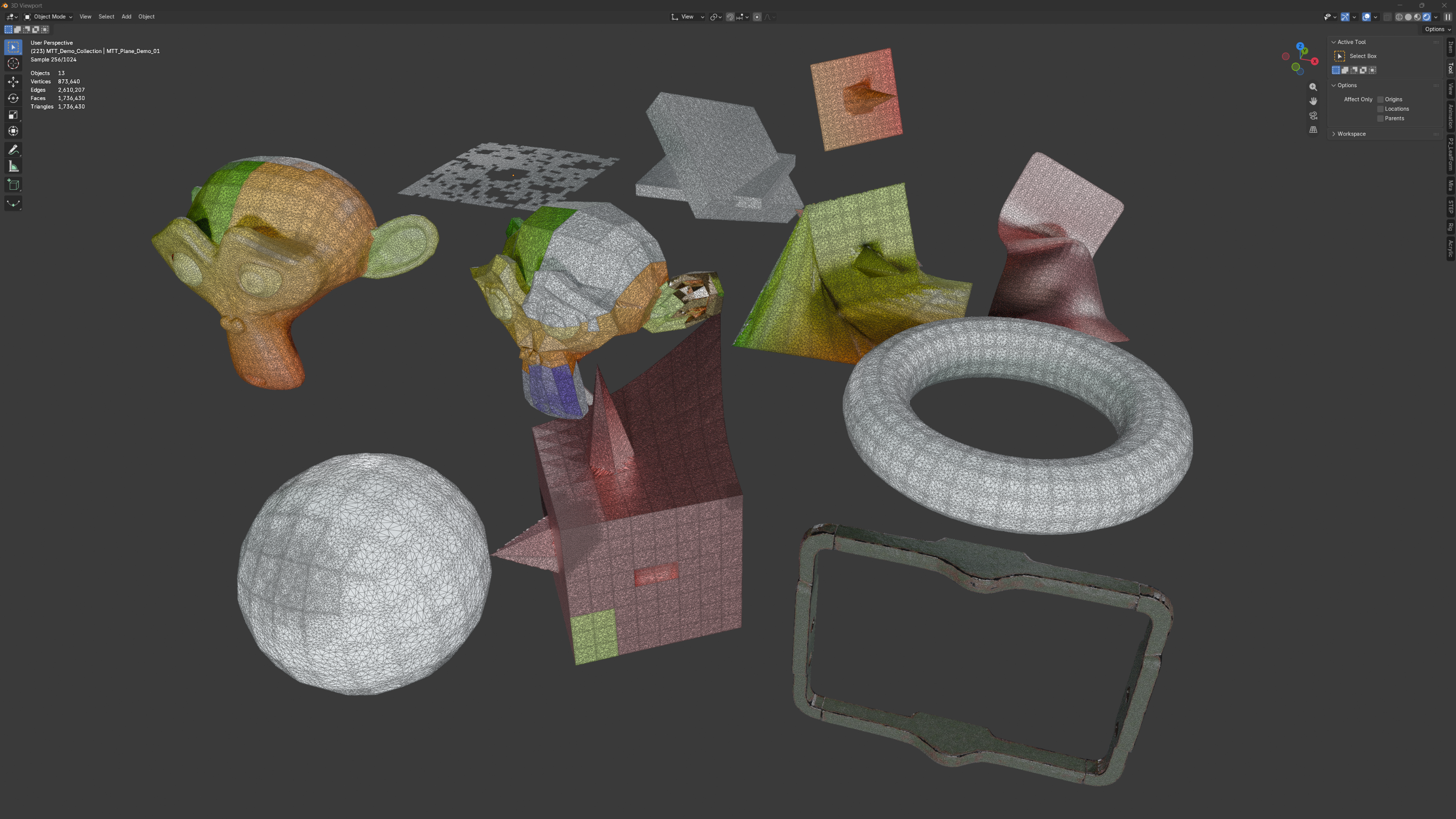 Included tessellation demos with Suzanne, torus, cube, planar holes and non-planar surfaces displayed in wireframe