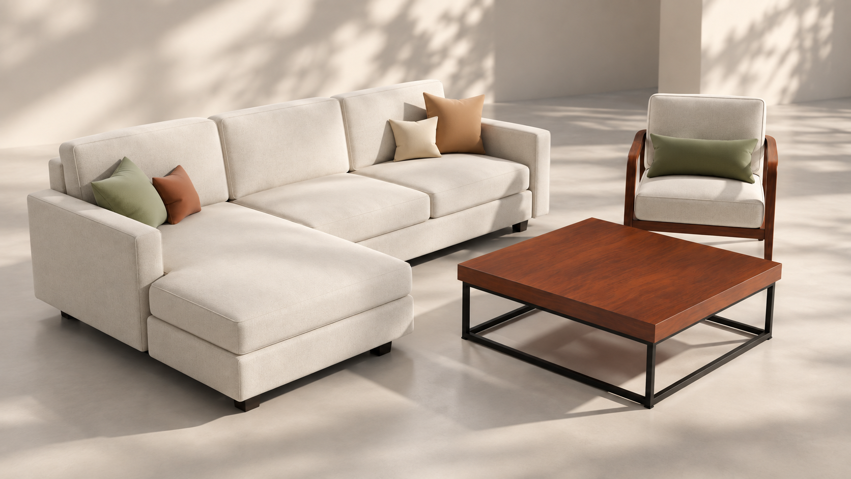 Sectional sofa armchair and coffee table studio render