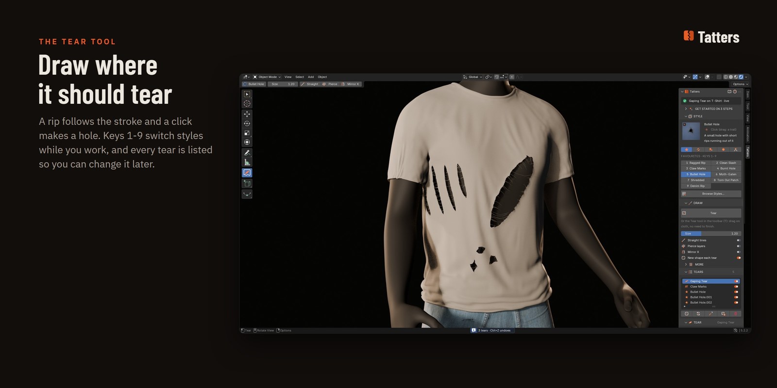 Blender with a torn T-shirt in the viewport and the Tatters sidebar open