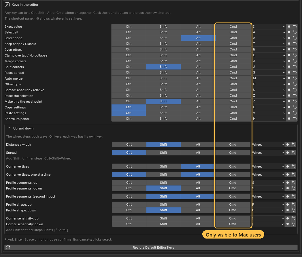 The shortcut preferences; the Cmd column only appears on a Mac